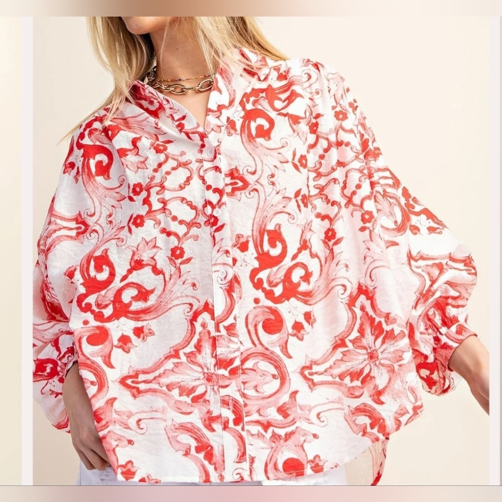 NWT GiGiO USA Vibrant Print Red Oversized Button Front Shirt Size Large - Picture 2 of 16